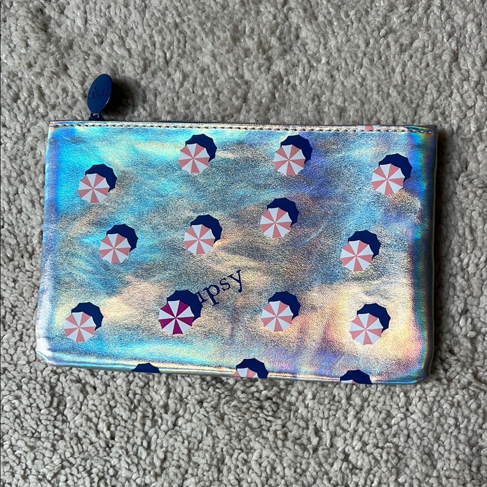 Ipsy Iridescent Bag with Pink and Blue Umbrella Design